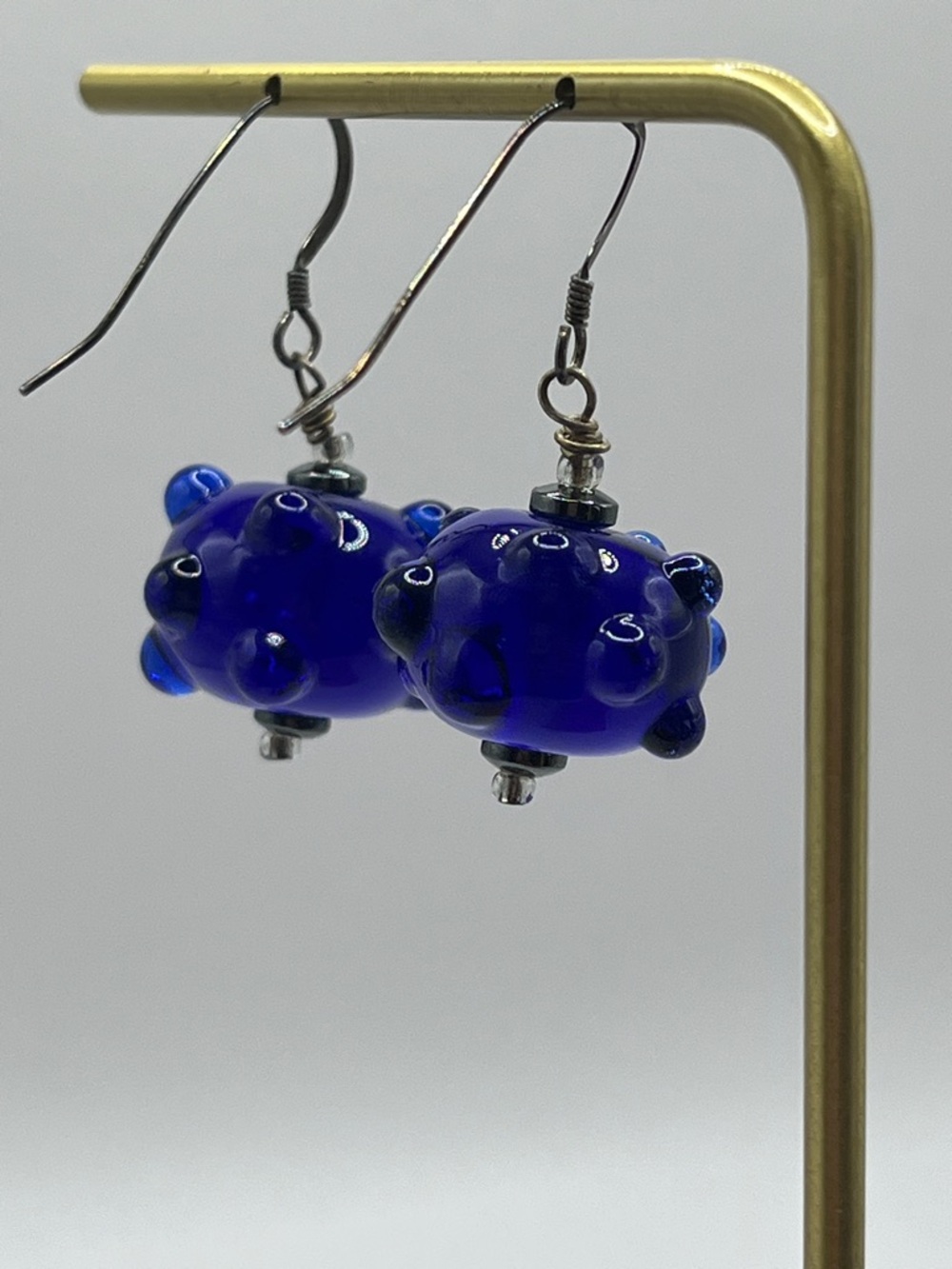 Handmade Cobalt Blue Glass Bubble Drop Earrings - Picture 5 of 6